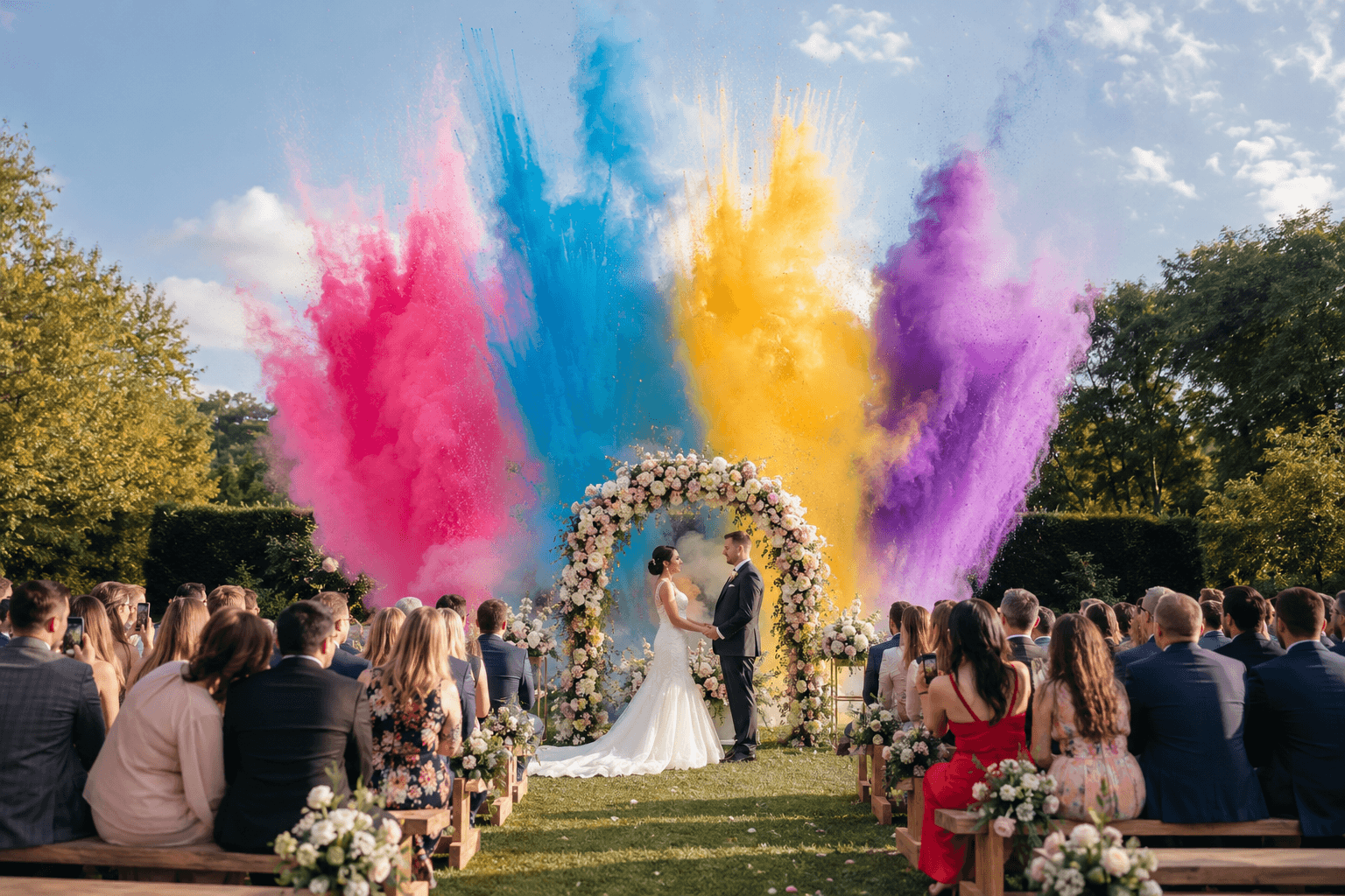 Feu d'artifice de jour - tir de fumée colorée lors d'une cérémonie de mariage en Bretagne - MG Events